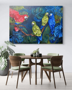 Exotische Papageien im Dschungel, 140x100 cm